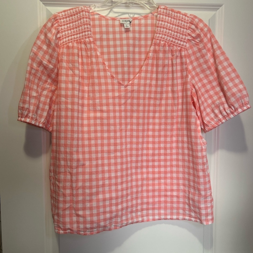 J. Crew Pink Gingham V-Neck Short Sleeve Top